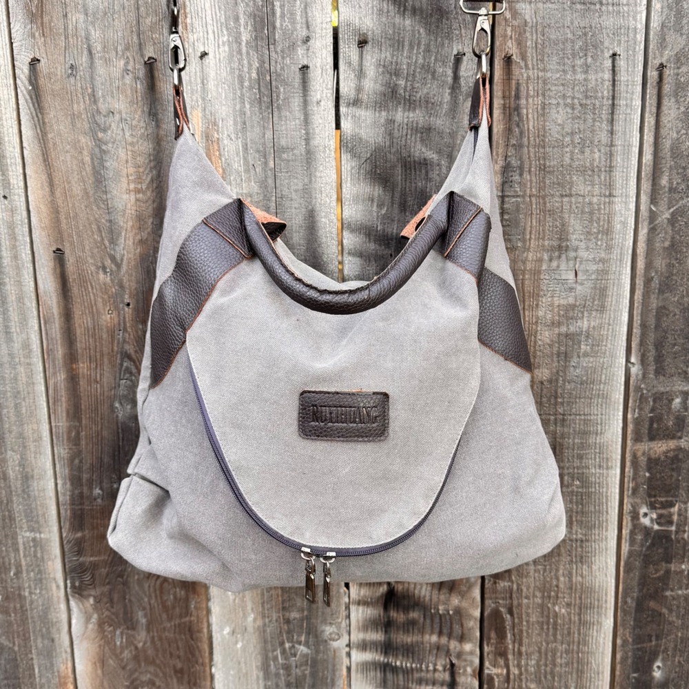 RUTHIHUANG Canvas Shoulder Bag Crossbody Hobo Tote Purse Gray Brown Leather Trim